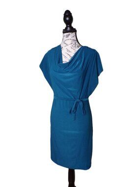 🆕ALEX & AVA Drape Neck Jersey Cap Sleeve Dress Teal X-Small
